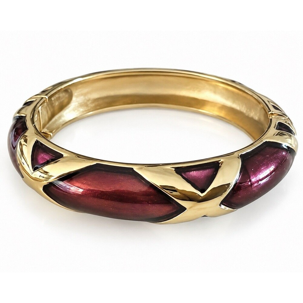 Vintage Gold Tone Burgundy Enamel Hinged Bangle Bracelet Geometric Crossover